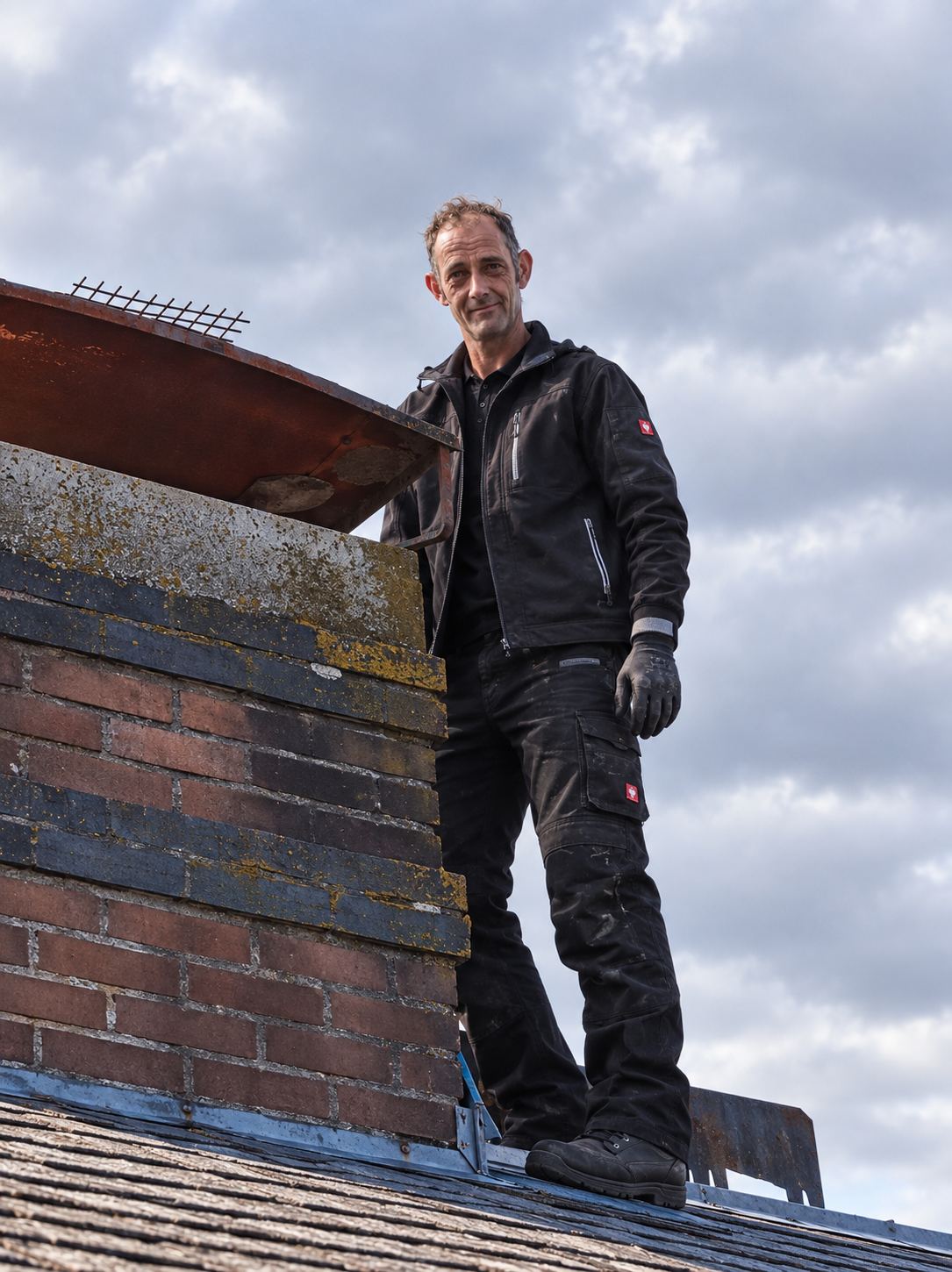 Schoorsteenveger van VNH aan het werk